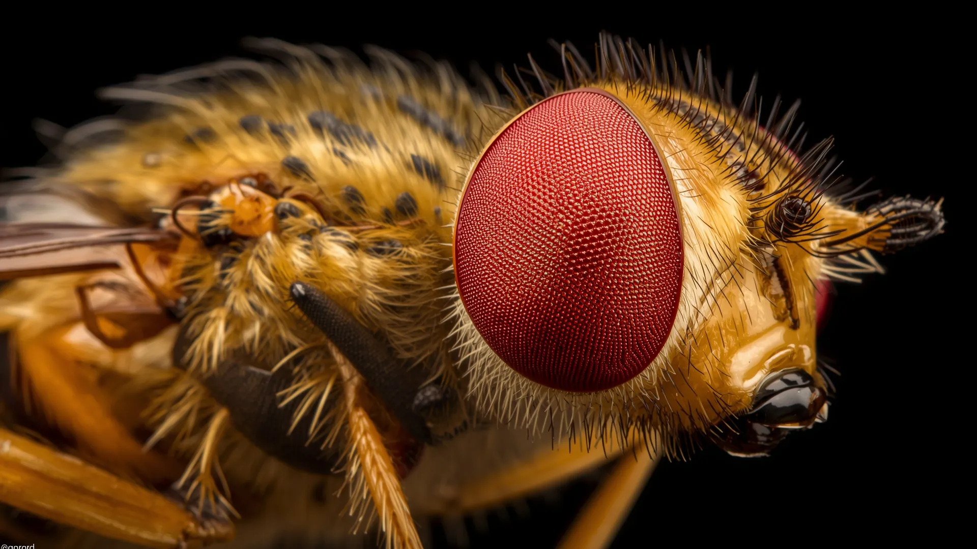 The red compound eye of a fruit fly