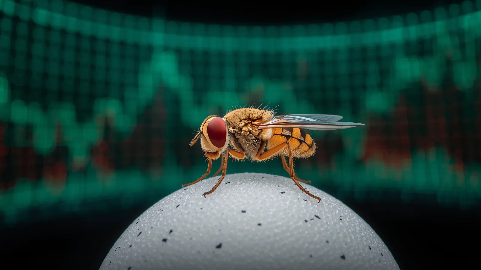 The fly walking forward in front of a green rising chart