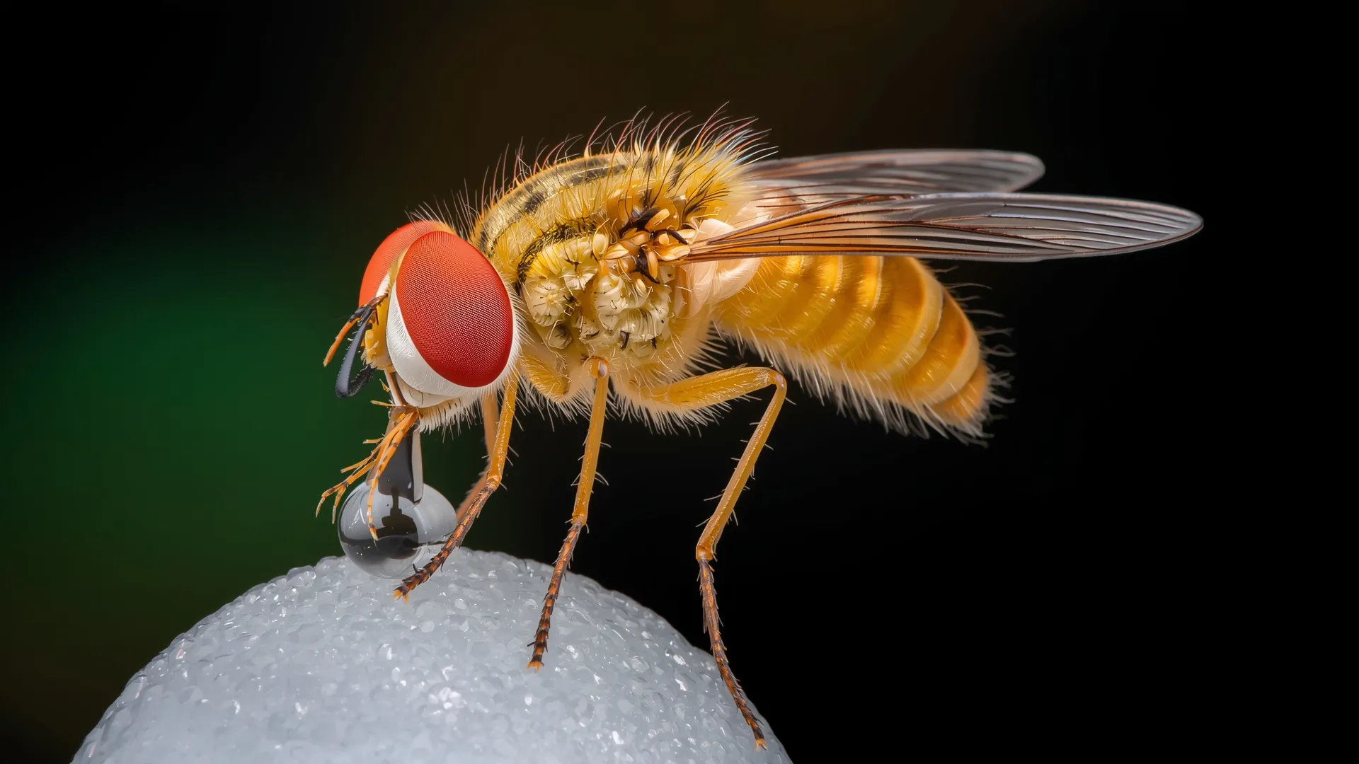 The fly drinking a droplet of sugar water